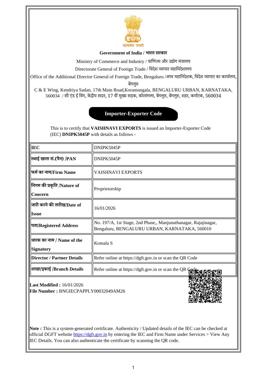 Importer-Exporter Code certificate for Vaishnavi Exports, IEC DNIPK5045P