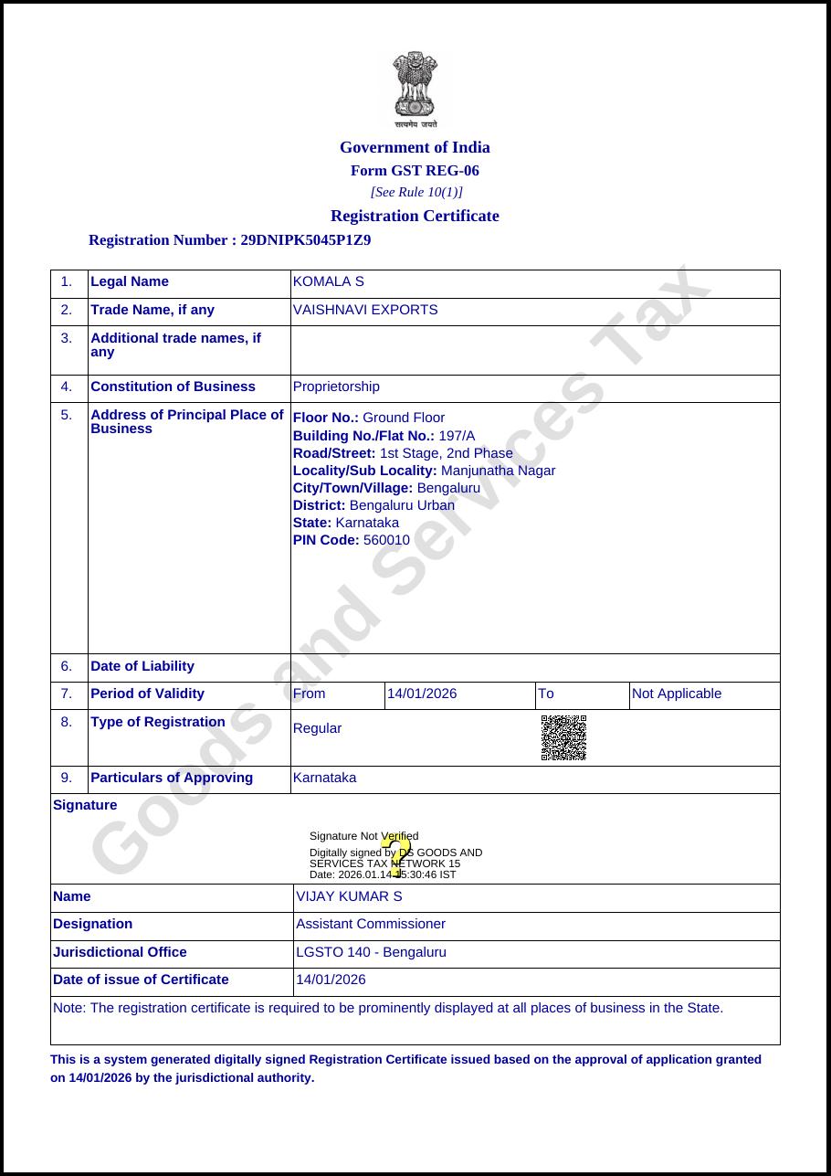 GST registration certificate (Form GST REG-06) for Vaishnavi Exports, GSTIN 29DNIPK5045P1Z9